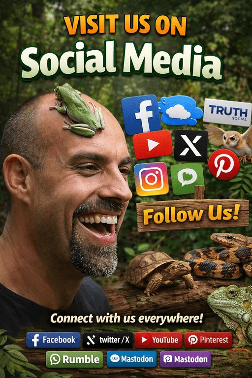 Rizzo’s Wildlife World founder smiling with a green tree frog on his head, surrounded by wildlife and social media icons, inviting visitors to see us on social media.